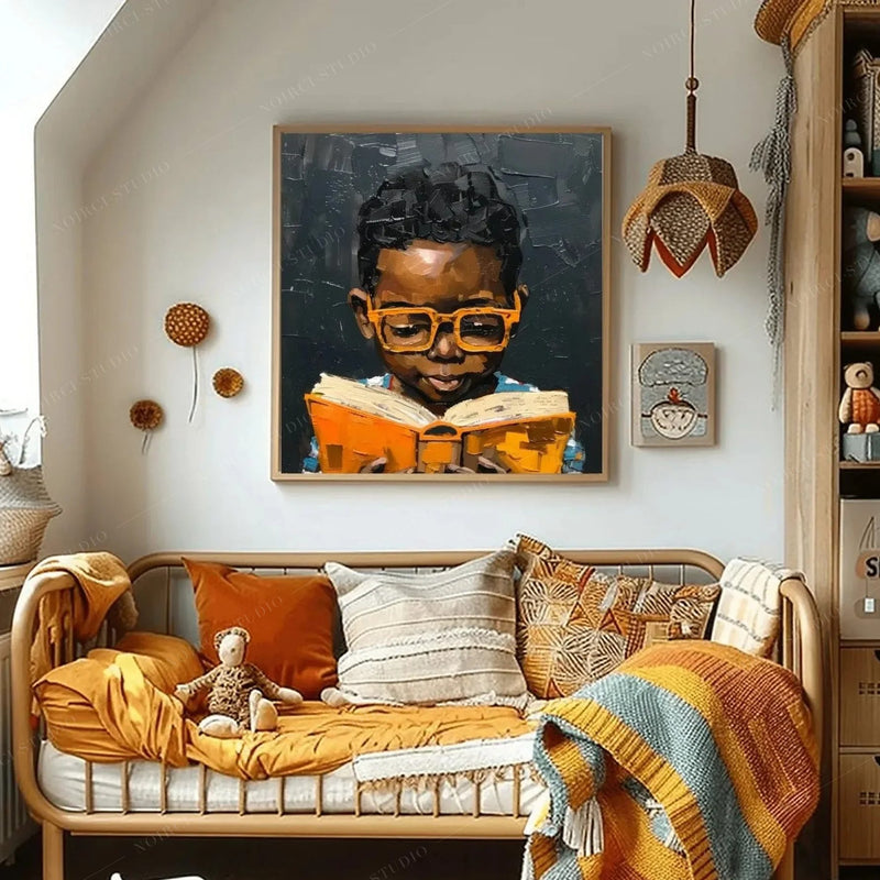 Black boy reading wall art above a rattan daybed in a child's bedroom