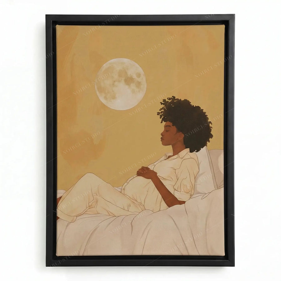 African American family art in a black floating frame, pregnant woman reclining in bed beneath a golden full moon