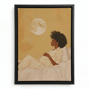 African American family art in a black floating frame, pregnant woman reclining in bed beneath a golden full moon