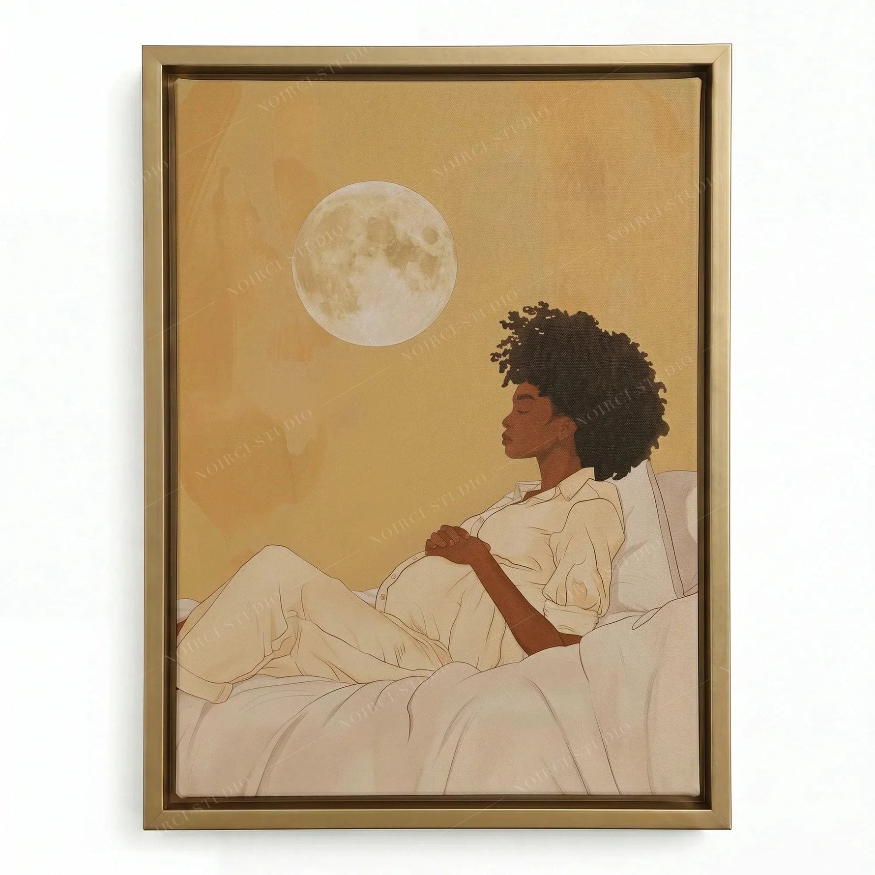 Pregnant Black woman painting in a gold floating frame, mother-to-be resting under a soft amber moon