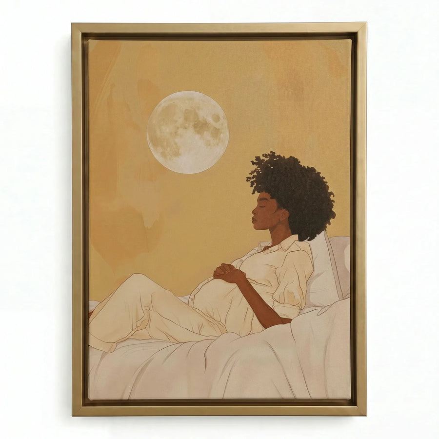 Pregnant Black woman painting in a gold floating frame, mother-to-be resting under a soft amber moon