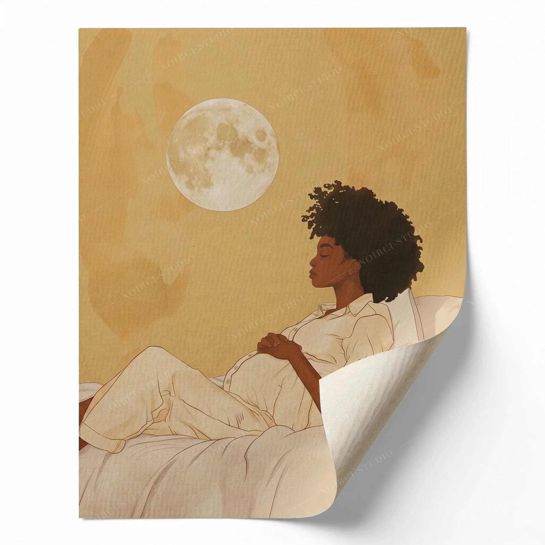 Rolled canvas print of a Black maternity moon scene, ready for custom framing