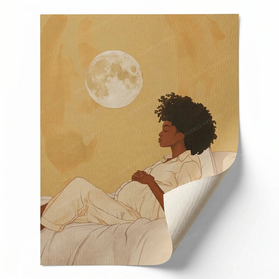 Rolled canvas print of a Black maternity moon scene, ready for custom framing