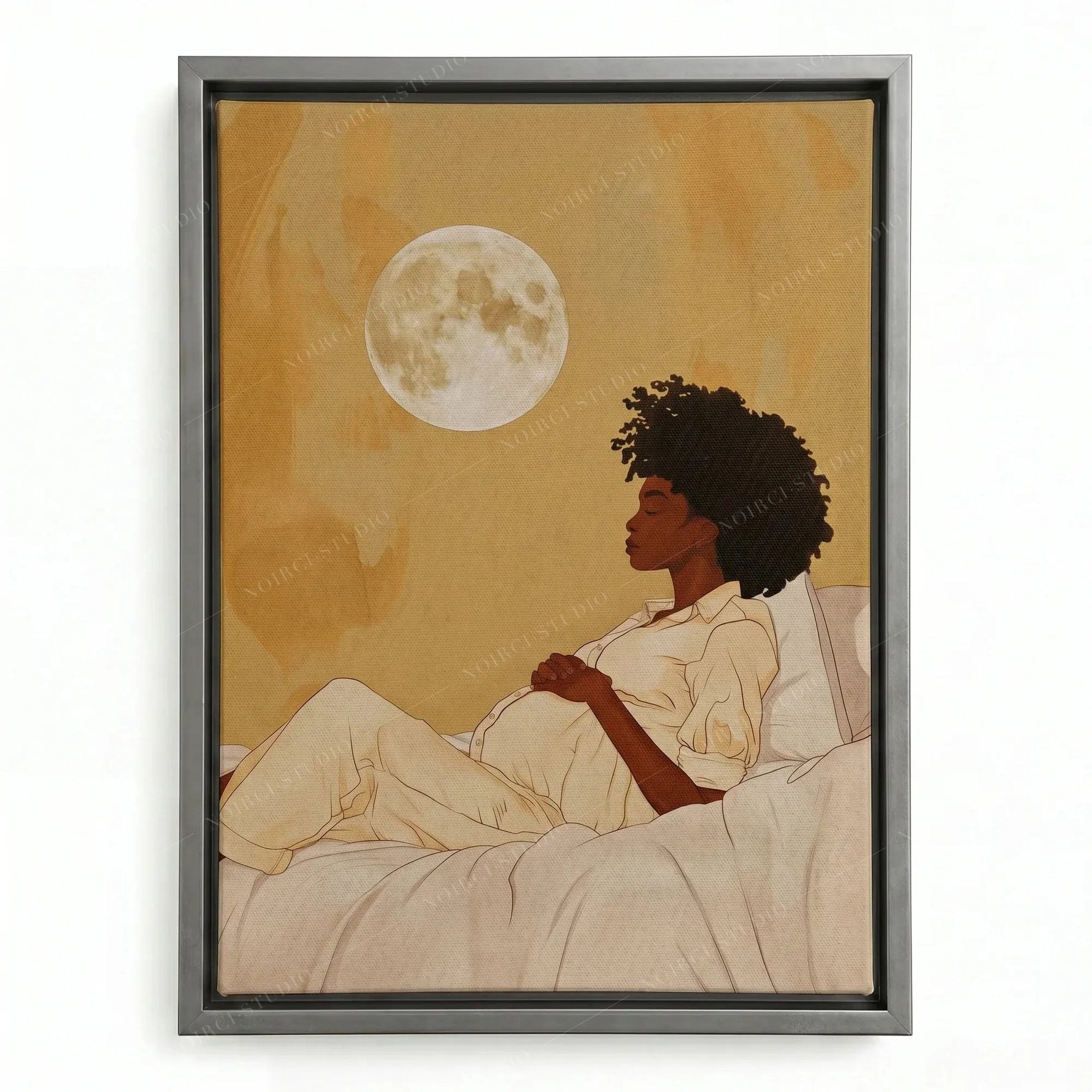 Black family wall art in a silver floating frame, expectant Black mother reclining beneath a full moon