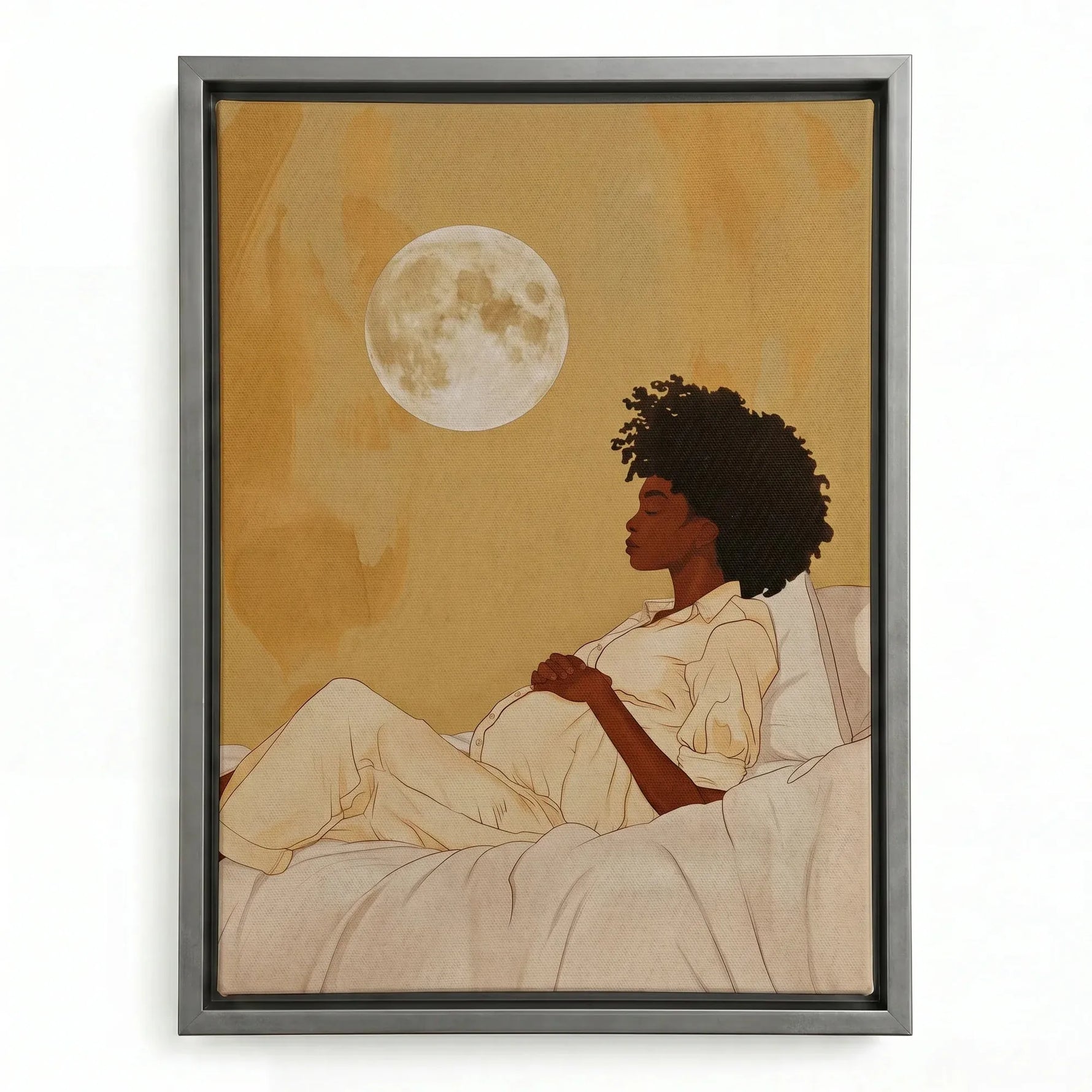 Black family wall art in a silver floating frame, expectant Black mother reclining beneath a full moon