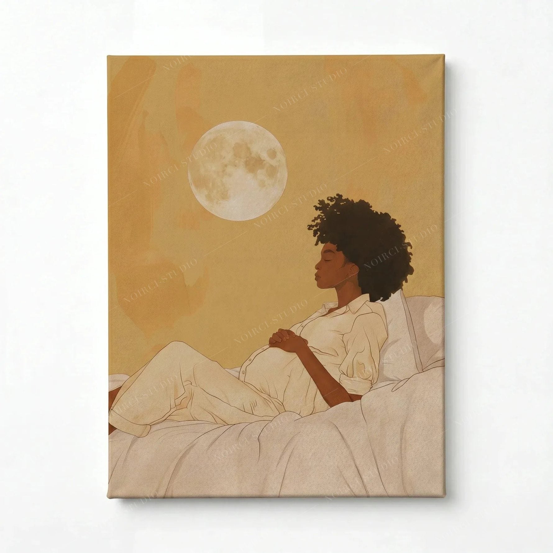 Stretched canvas of a pregnant woman under the moon, gallery wrapped and ready to hang