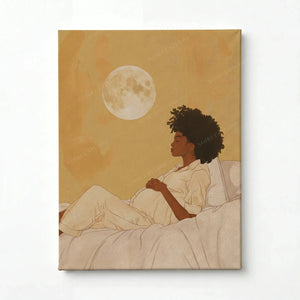 Stretched canvas of a pregnant woman under the moon, gallery wrapped and ready to hang