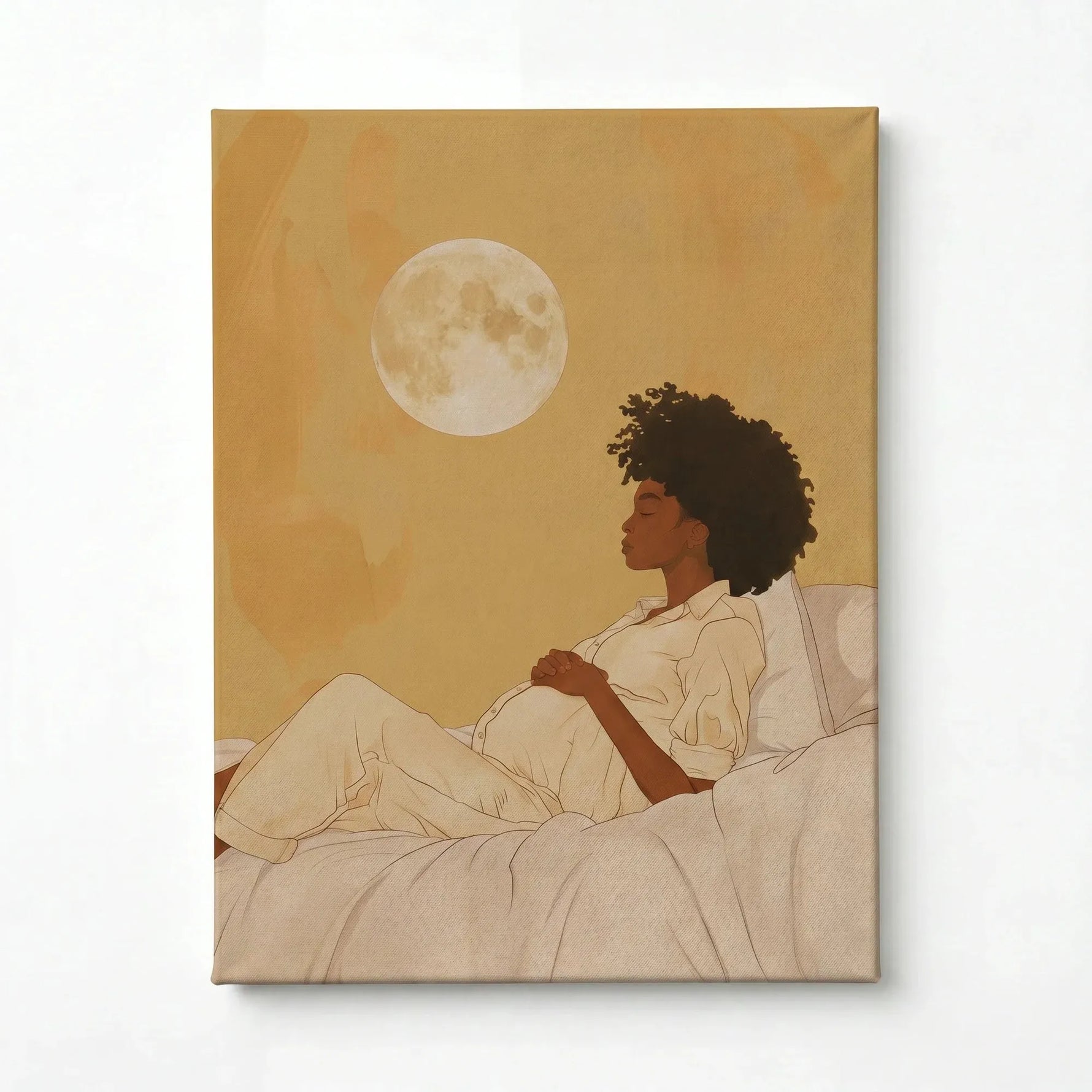 Stretched canvas of a pregnant woman under the moon, gallery wrapped and ready to hang
