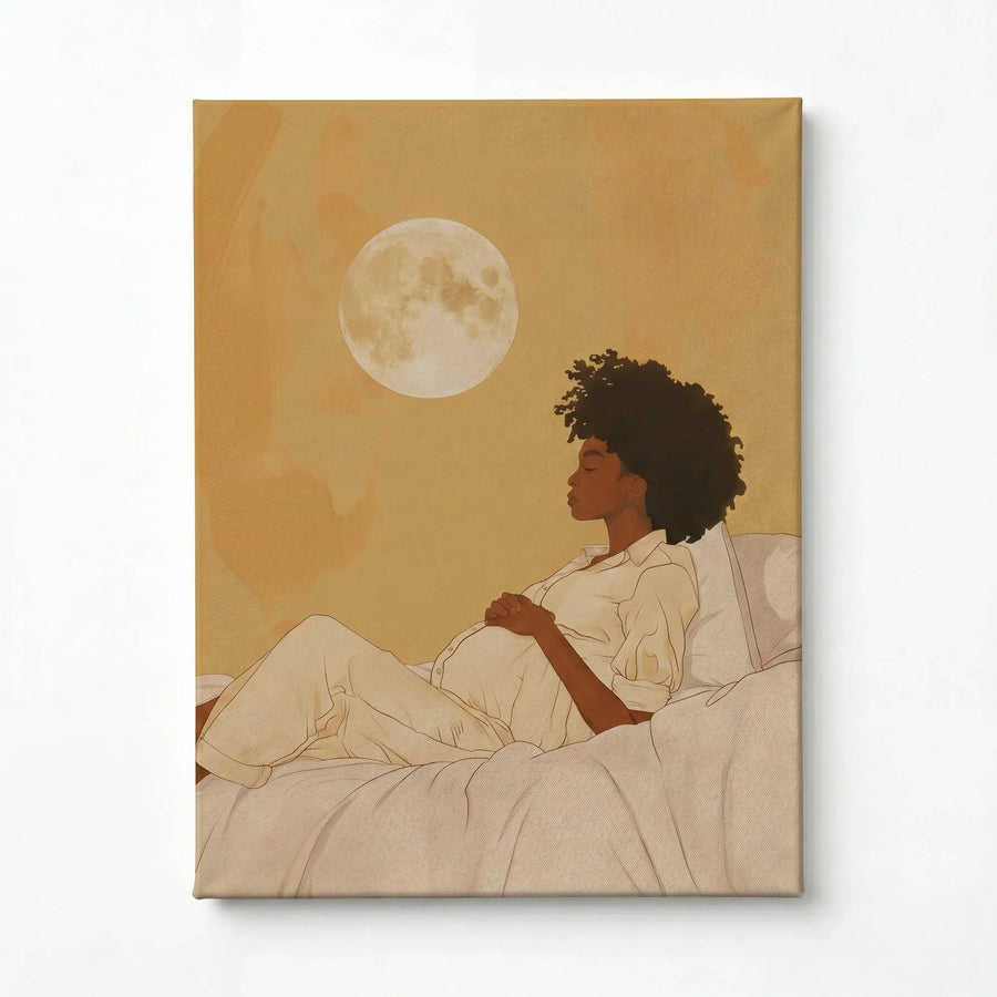 Stretched canvas of a pregnant woman under the moon, gallery wrapped and ready to hang
