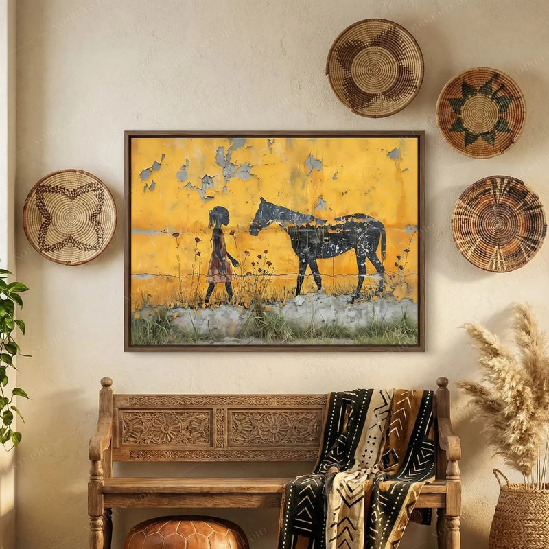 Black boho decor, girl and horse art framed in walnut among woven basket plates above a carved wood bench