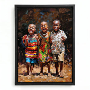 African canvas wall art in a black floating frame, three barefoot children laughing in colorful patterned clothing