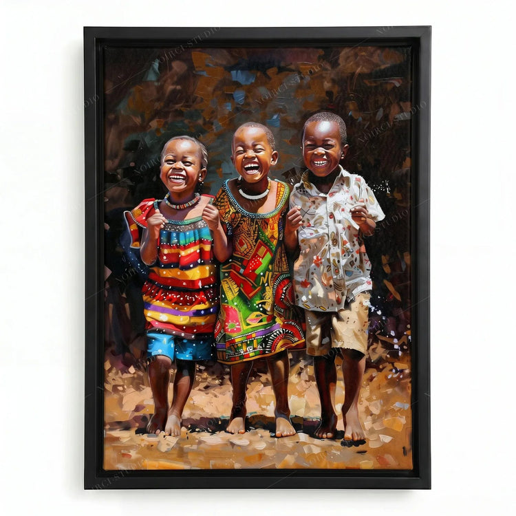 African canvas wall art in a black floating frame, three barefoot children laughing in colorful patterned clothing