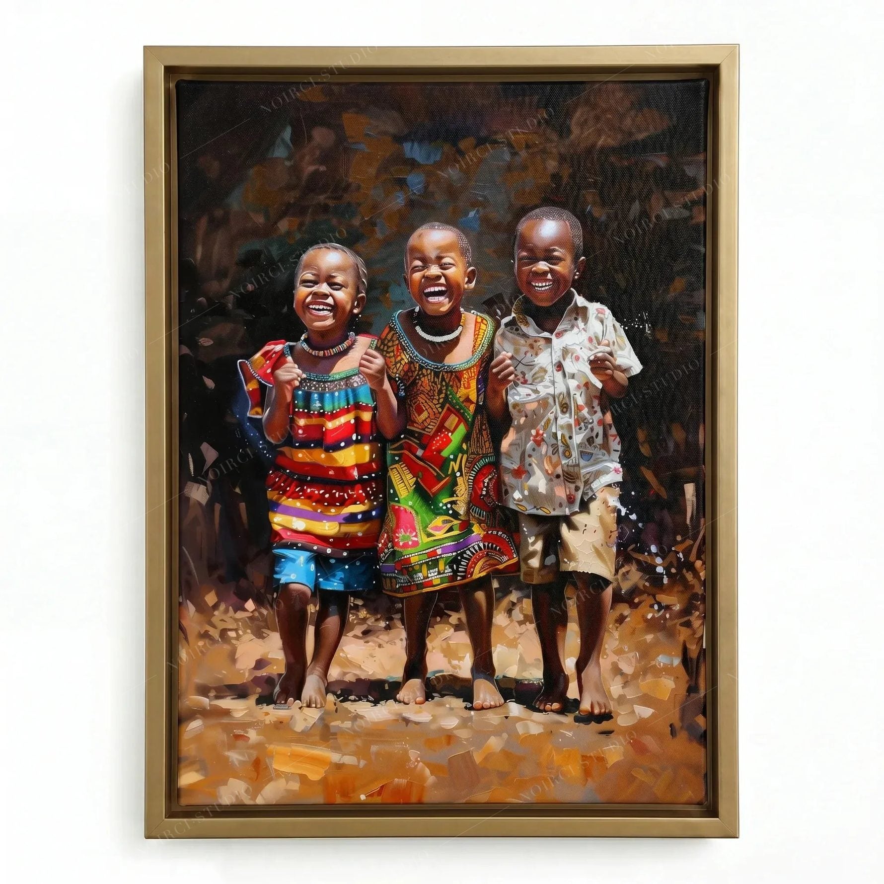 Three laughing African children in a gold floating frame, bright patterned dresses against a dark painterly backdrop