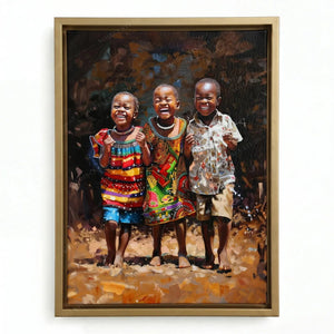 Three laughing African children in a gold floating frame, bright patterned dresses against a dark painterly backdrop