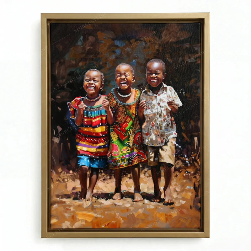 Three laughing African children in a gold floating frame, bright patterned dresses against a dark painterly backdrop