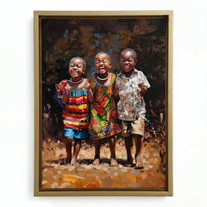 Three laughing African children in a gold floating frame, bright Ankara dresses against a dark painterly backdrop