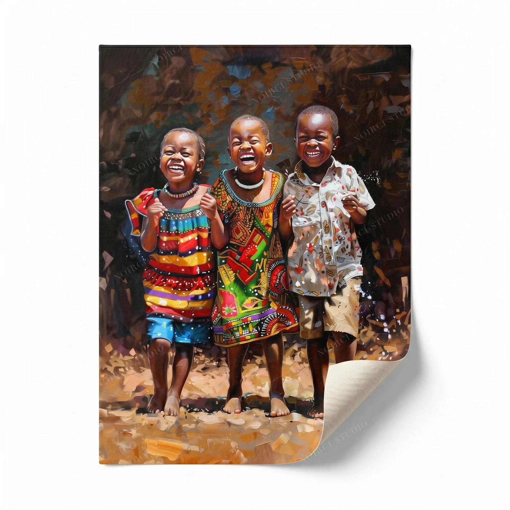 Rolled canvas print of three joyful African children, ready for custom framing