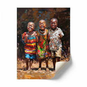 Rolled canvas print of three joyful African children, ready for custom framing
