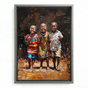 African canvas art in a silver floating frame, three smiling children standing barefoot on sunlit ground