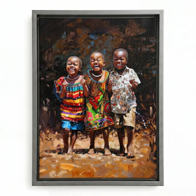 African canvas art in a silver floating frame, three smiling children standing barefoot on sunlit ground