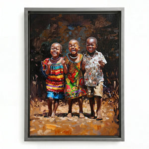 African canvas art in a silver floating frame, three smiling children standing barefoot on sunlit ground