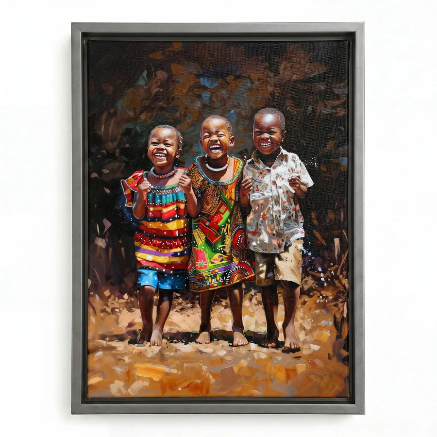 African canvas art in a silver floating frame, three smiling children standing barefoot on sunlit ground