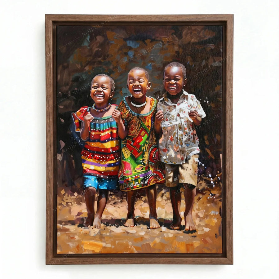 African art canvas print in a walnut floating frame, impasto painting of three joyful children