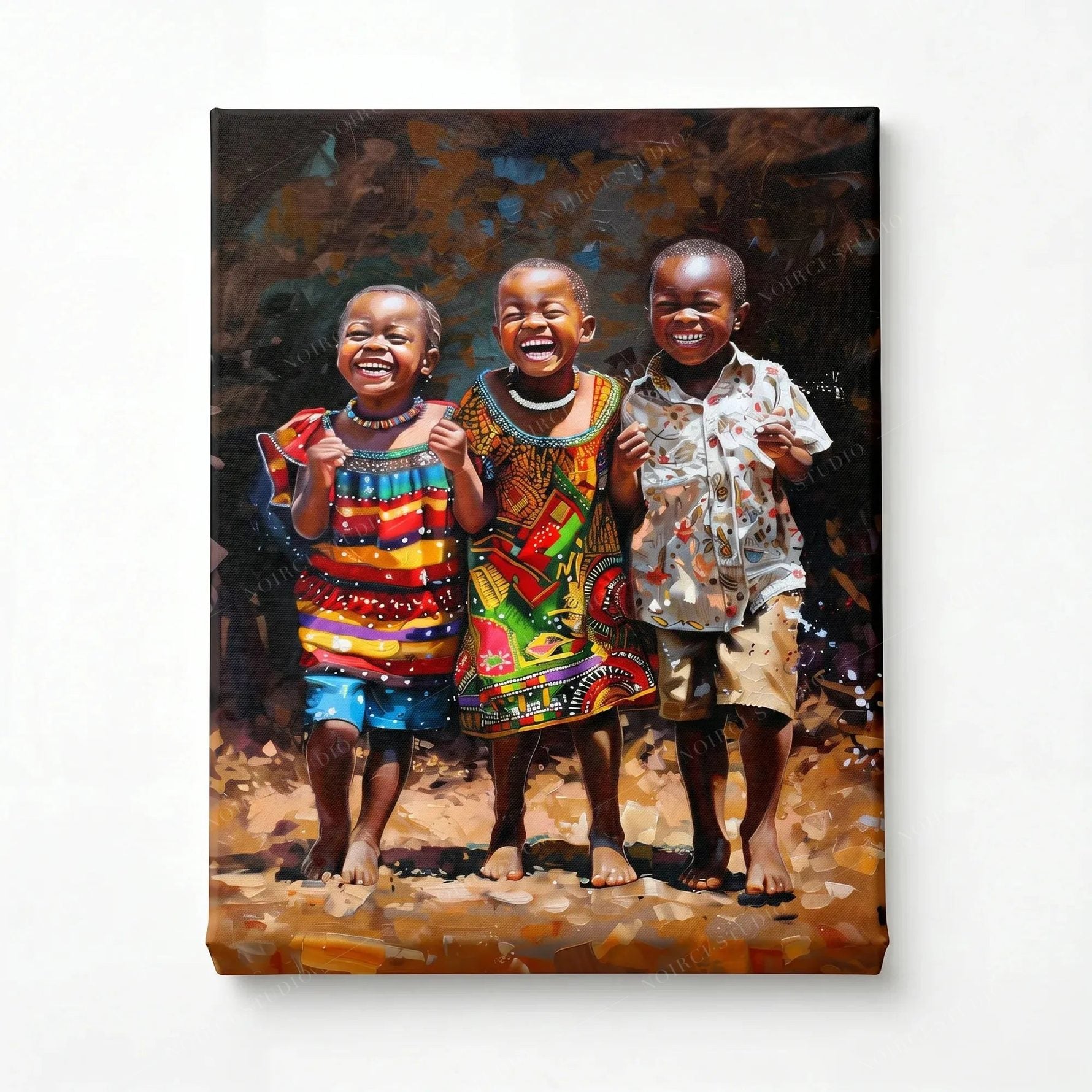 Stretched canvas, ready to hang, painting of three laughing African children in colorful prints