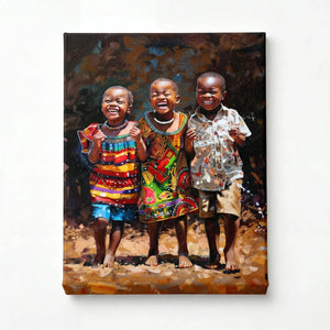 Stretched canvas, ready to hang, painting of three laughing African children in colorful prints
