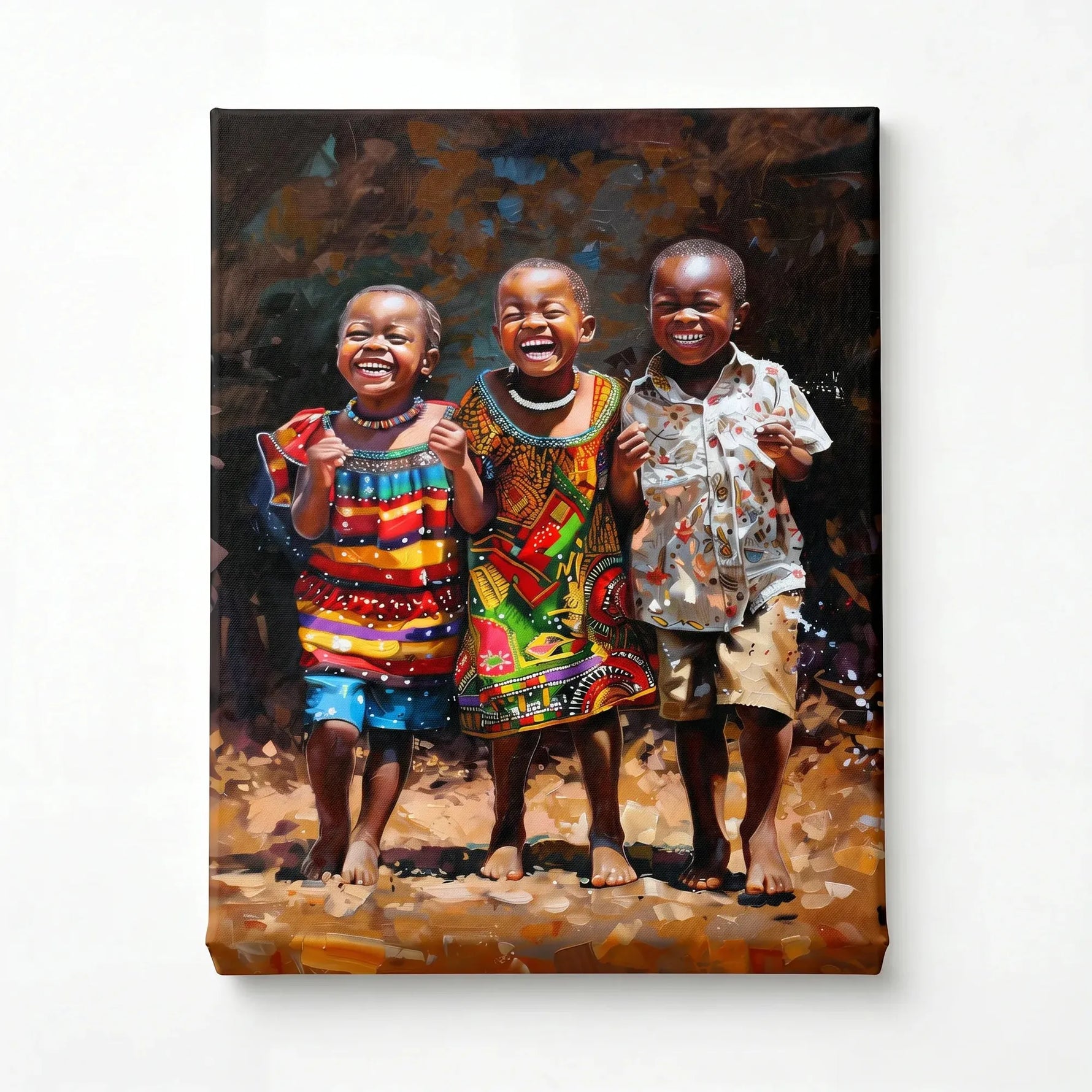 Stretched canvas, ready to hang, painting of three laughing African children in colorful prints