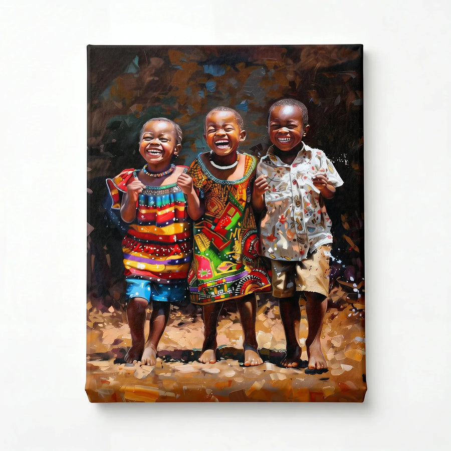 Stretched canvas, ready to hang, painting of three laughing African children in colorful prints