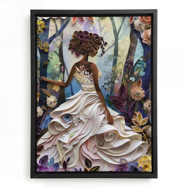 Quilled Black girl art in a black floating frame, swirled paper gown and rose crown in a purple floral forest