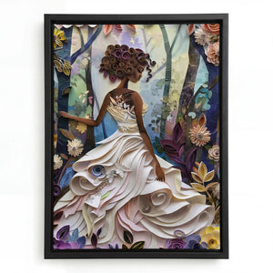 Quilled Black girl art in a black floating frame, swirled paper gown and rose crown in a purple floral forest