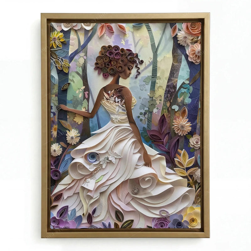 Black girl paper-quilled portrait in a gold floating frame, cream gown swirls against plum and gold blooms