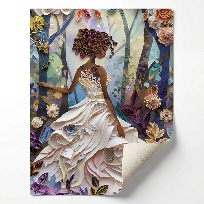 Rolled canvas print of the paper-quilled Black girl, ready for custom framing, curled corner