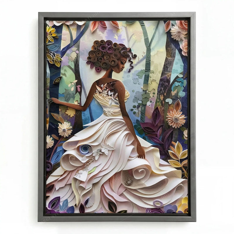Textured Black girl art in a silver floating frame, sculpted white gown in a jewel-toned flower forest