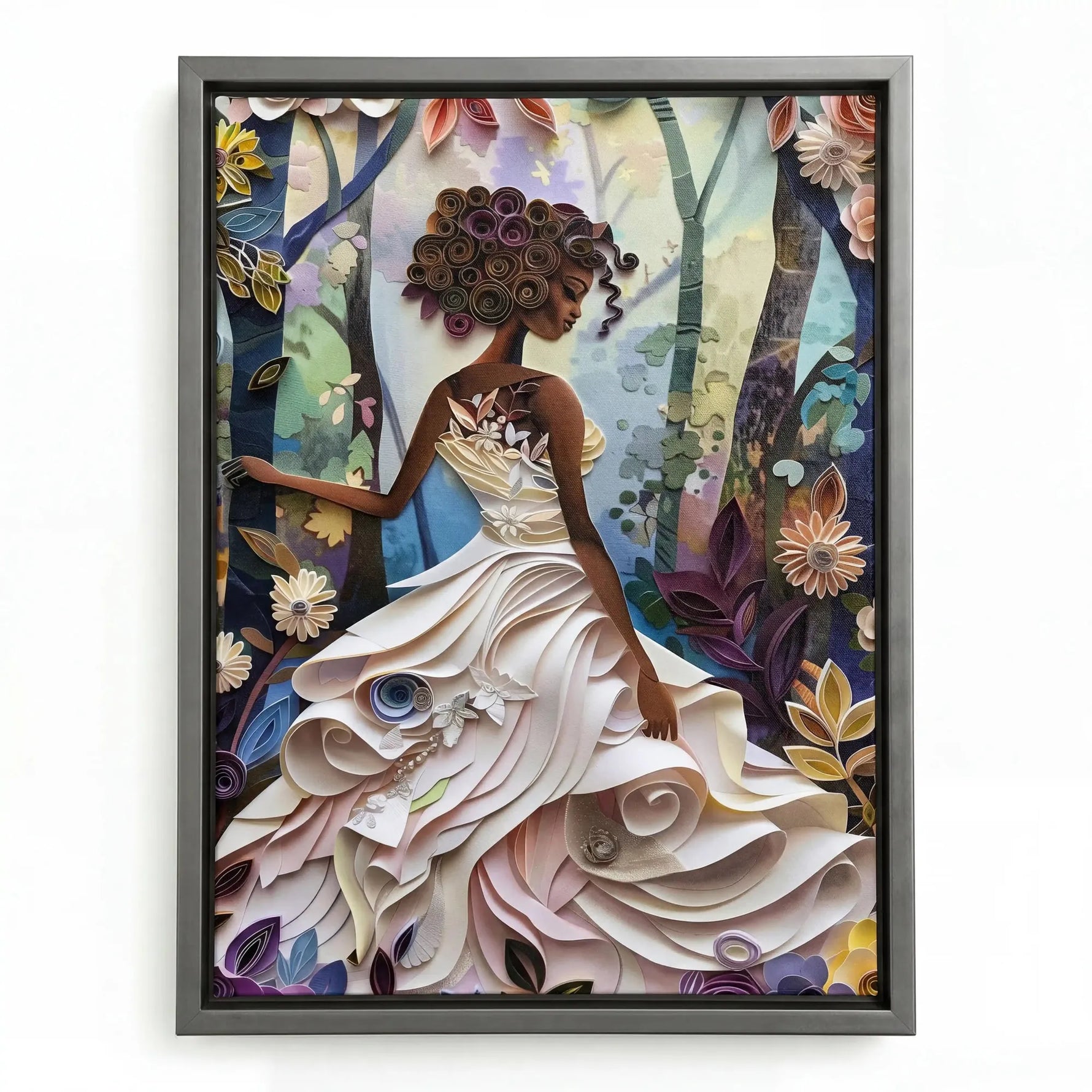 Textured Black girl art in a silver floating frame, sculpted white gown in a jewel-toned flower forest