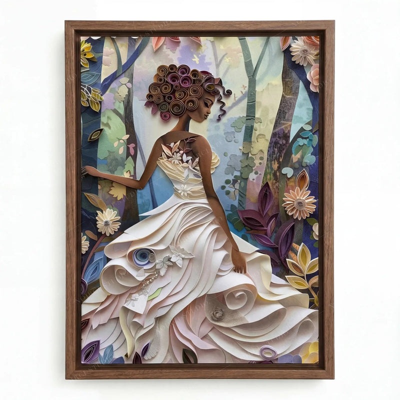 Paper art canvas in a walnut floating frame, Black girl in a layered white dress among quilled forest flowers