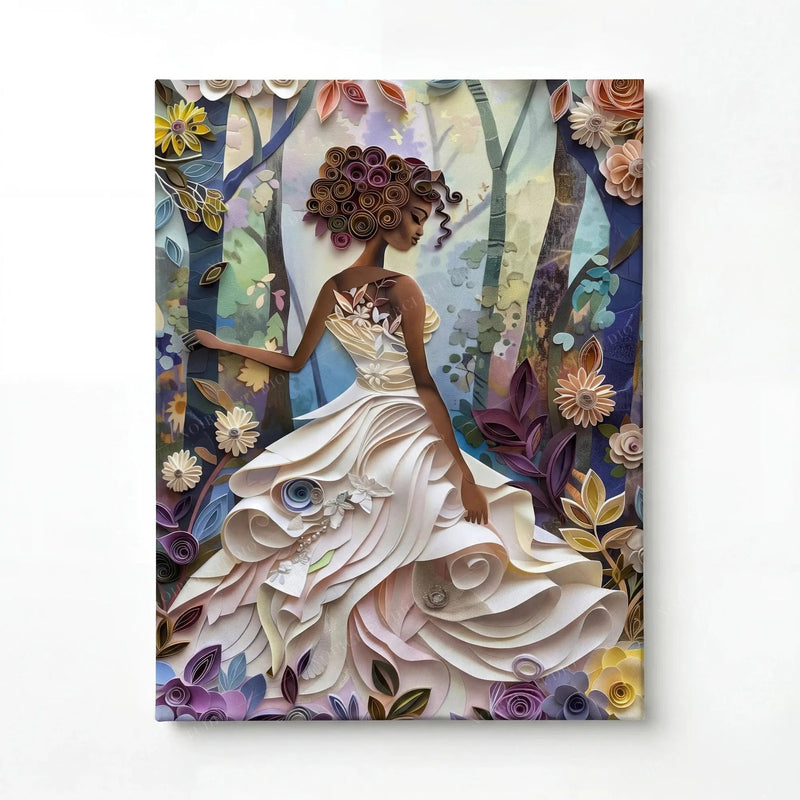 Stretched canvas of the quilled girl in a white gown, ready to hang, layered paper flowers edge to edge