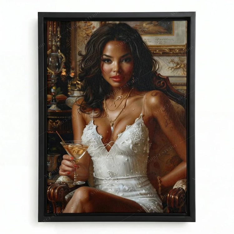 Black woman wall art in a black floating frame, Renaissance-style portrait in white lace holding a martini glass