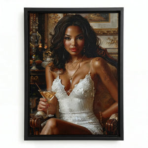 Black woman wall art in a black floating frame, Renaissance-style portrait in white lace holding a martini glass
