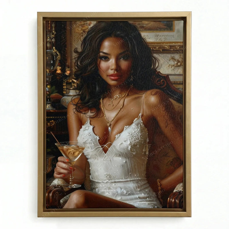 Regal Black queen art in a gold floating frame, woman in a white lace dress with a cocktail against a baroque backdrop