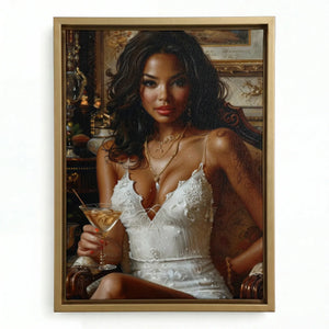 Regal Black queen art in a gold floating frame, woman in a white lace dress with a cocktail against a baroque backdrop