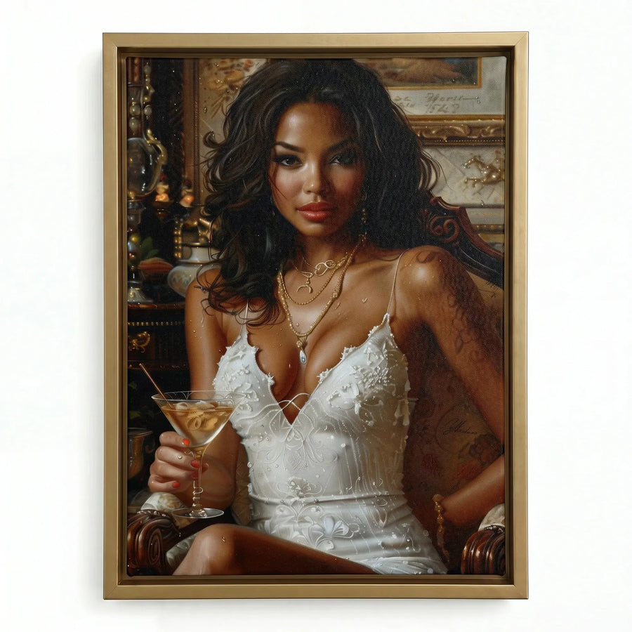 Regal Black queen art in a gold floating frame, woman in a white lace dress with a cocktail against a baroque backdrop