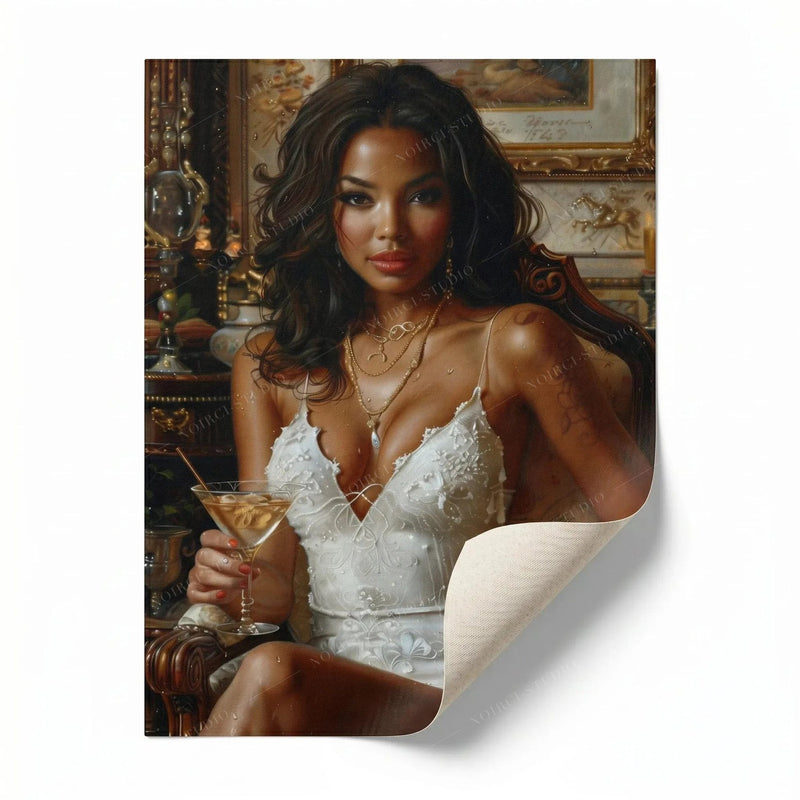 Rolled canvas print with a curled corner, Black woman portrait in a white dress, ready for custom framing