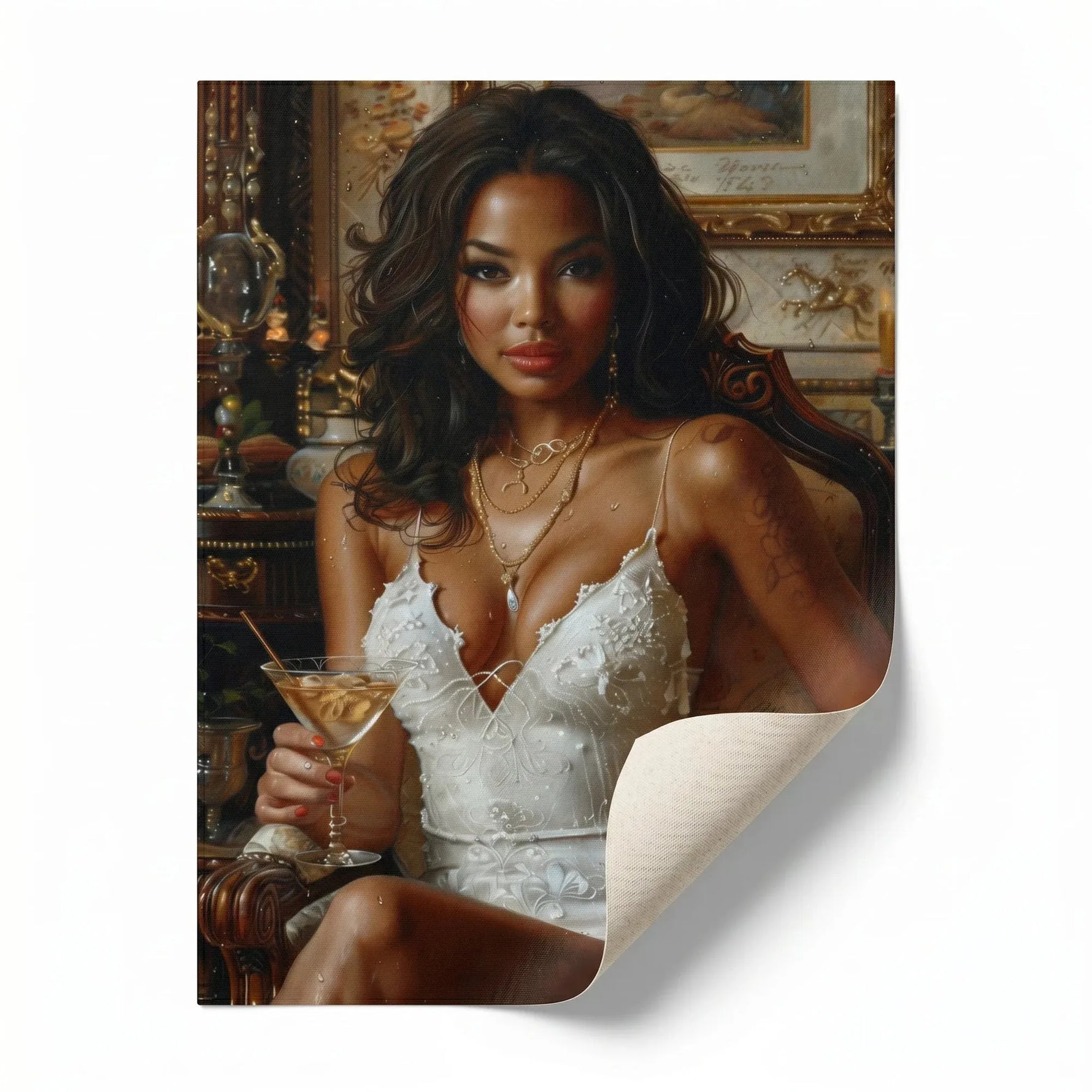 Rolled canvas print with a curled corner, Black woman portrait in a white dress, ready for custom framing