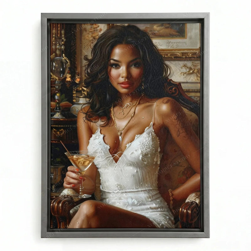 Melanin wall art in a silver floating frame, seated woman in white sipping a martini in an ornate vintage parlor