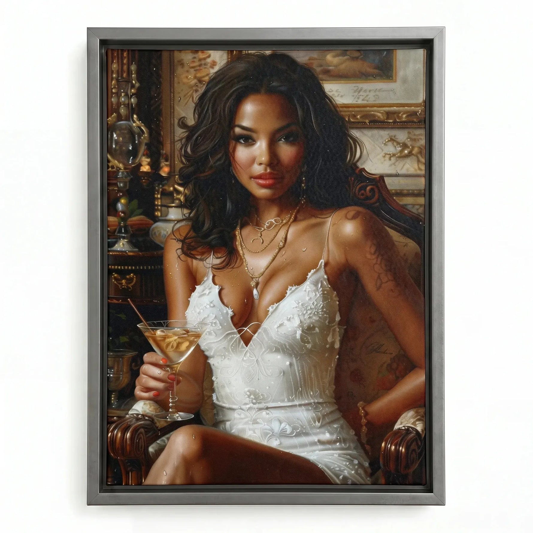 Melanin wall art in a silver floating frame, seated woman in white sipping a martini in an ornate vintage parlor