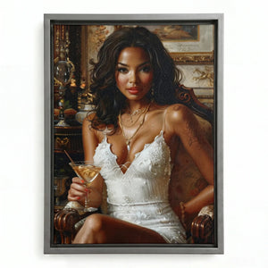 Melanin wall art in a silver floating frame, seated woman in white sipping a martini in an ornate vintage parlor