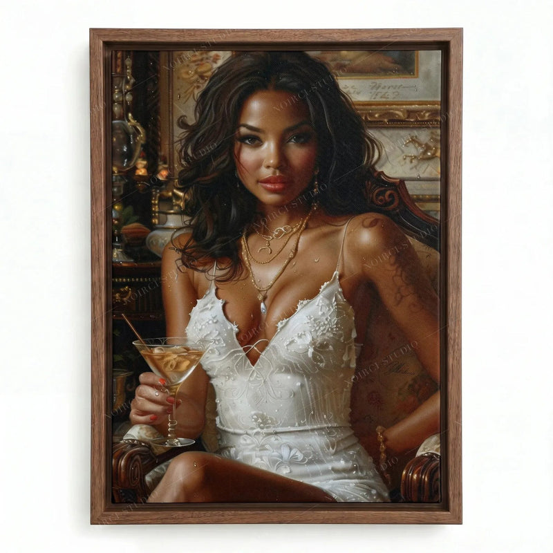 African American woman art in a walnut floating frame, oil portrait of a woman with dark curls and gold jewelry